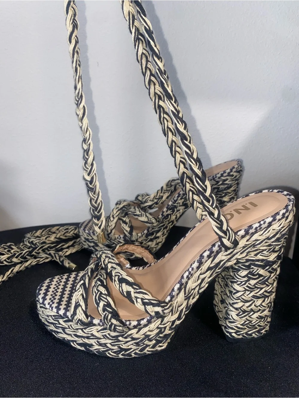 INC International Concepts Black & Cream Braided Platform Heels with Wrap Ties